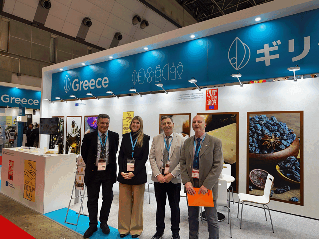 Greek delegation at the Greece Pavilion during Foodex Japan 2025, promoting European agricultural products.