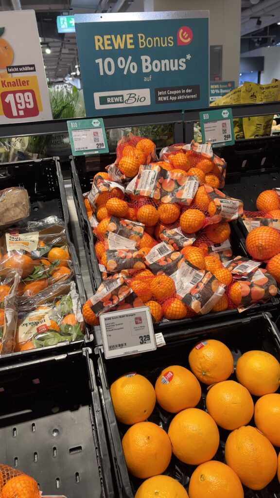 Fresh produce shelves at REWE supermarket in Germany, displaying citrus fruits and packaged mandarins during an in-store market observation.