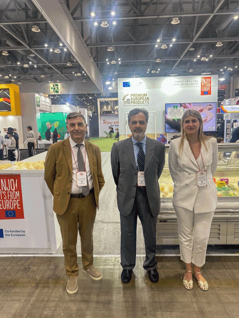 Delegates standing in front of the Premium European Products pavilion at Seoul Food 2025, promoting EU co-funded agricultural products.