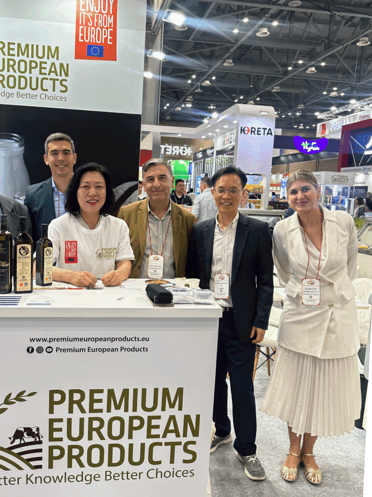 Delegates at the Premium European Products stand during Seoul Food 2025, presenting EU co-funded agricultural products.