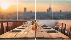 Elegant tasting setup with wine glasses at sunset overlooking Warsaw skyline – MediTaste Export Activation Series