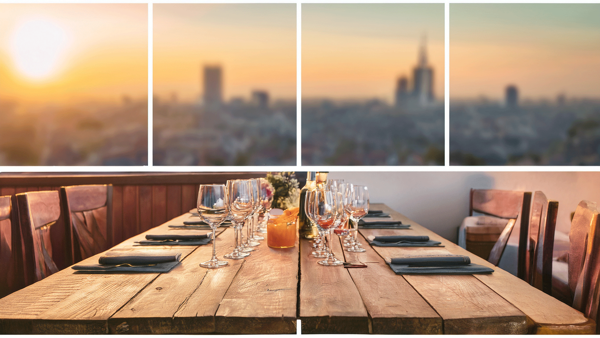 Elegant tasting setup with wine glasses at sunset overlooking Warsaw skyline – MediTaste Export Activation Series